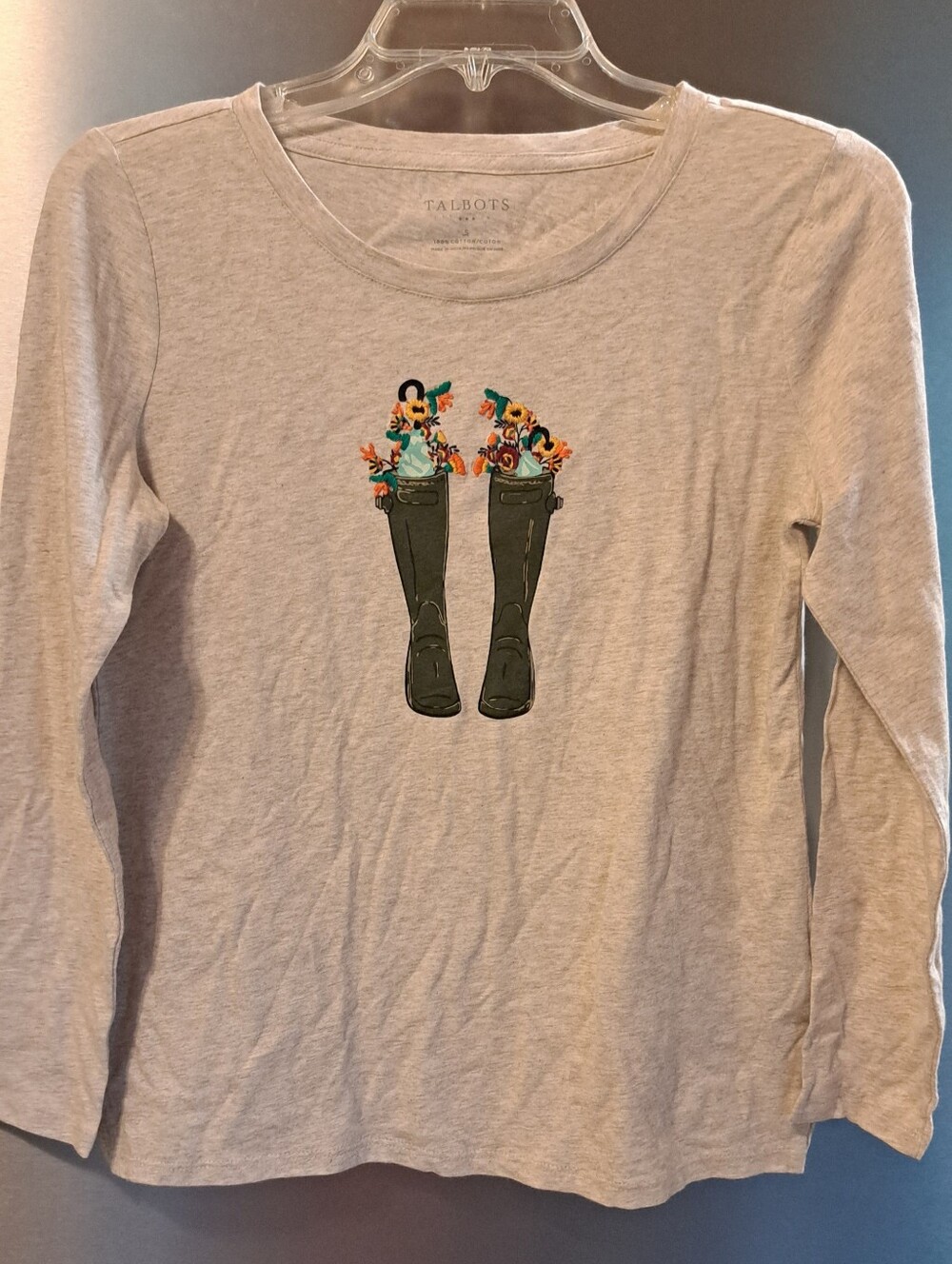 Talbots Top T-Shirt Heathered Beige w/ Boots & Embroidered Flowers Long Slv S